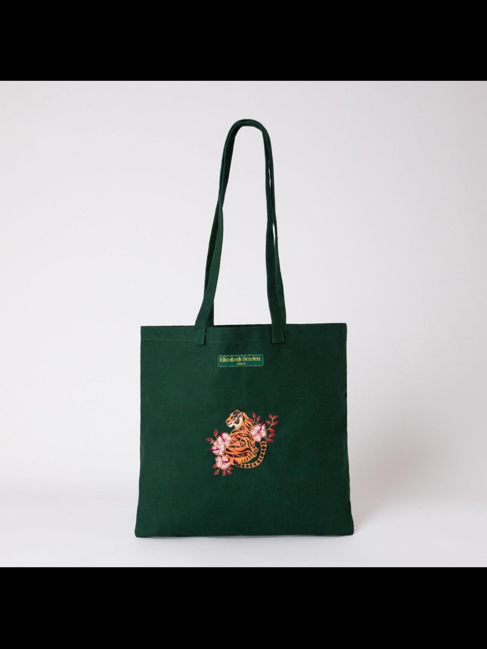 Elizabeth Scarlett London Green Cotton Tote Bag Tiger Embroidered Floral